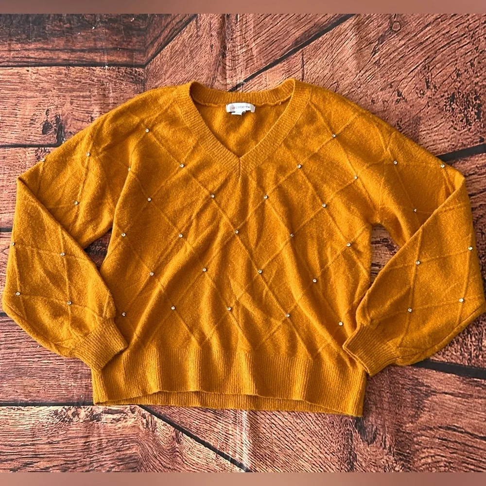 Liz Claiborne Sweater Womens M Burnt Orange Diamond Pattern Rhinestone Stretch